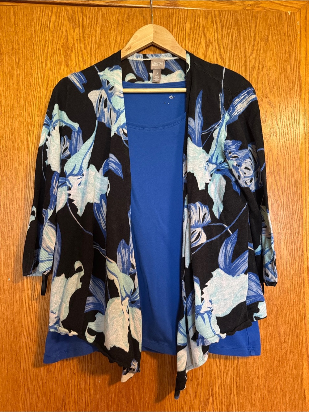 Chico’s 2 piece set -  Black Cardigan with Blue & Light Aqua Floral Print